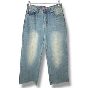 Edikted Faded High Waist Baggy Frayed Hem Low-Slung Wide Leg Denim Jeans Medium